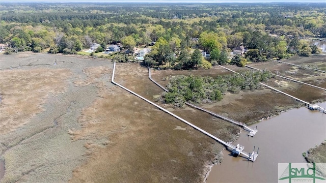 drone / aerial view with a water view and a view of trees