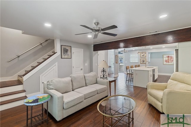 1000 Sea Island Rd Unit 56, Saint Simons Island, GA 31522 - living room with ceiling fan, stairs, dark wood finished floors, and recessed lighting