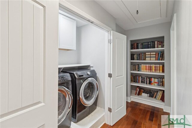 1000 Sea Island Rd Unit 56, Saint Simons Island, GA 31522 - laundry room featuring cabinet space, dark wood-type flooring, independent washer and dryer, and attic access