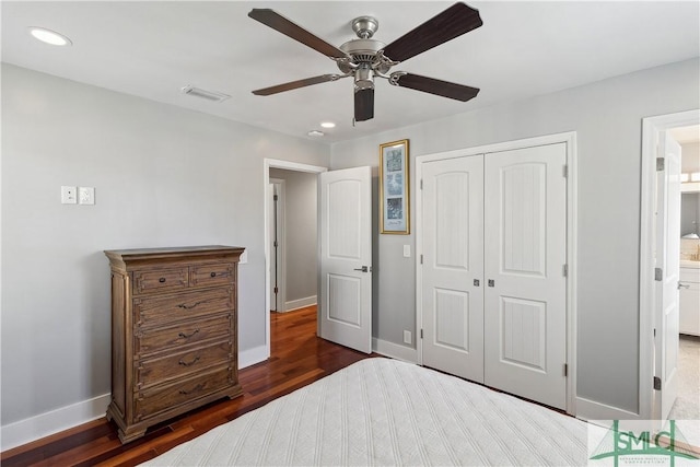 1000 Sea Island Rd Unit 56, Saint Simons Island, GA 31522 - bedroom featuring a closet, wood finished floors, recessed lighting, and ceiling fan