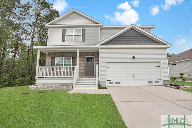view of front of house featuring a porch, driveway, a garage, and a front lawn