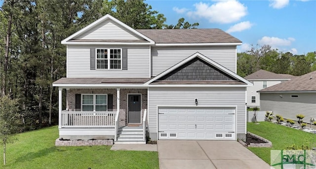 view of front of home with a garage, a front lawn, concrete driveway, and a porch