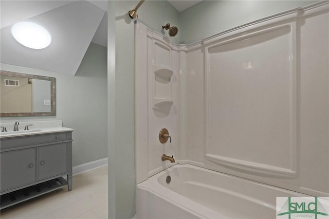 bathroom with vanity, baseboards, tile patterned floors, shower / bathtub combination, and visible vents