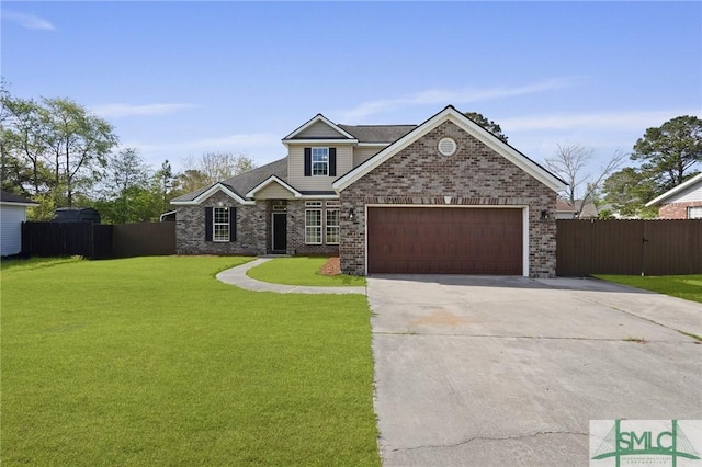 view of front facade featuring a garage, fence, a front lawn, brick siding, and concrete driveway