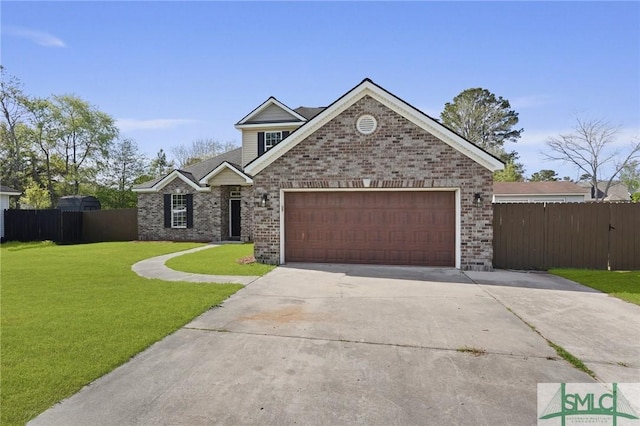 view of front facade with brick siding, concrete driveway, a front yard, and a garage