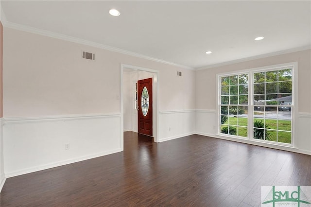 13 Burnt Tree Rd, Savannah, GA 31419 - empty room featuring dark wood finished floors, a wainscoted wall, crown molding, and recessed lighting