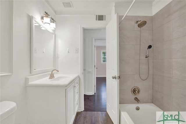 13 Burnt Tree Rd, Savannah, GA 31419 - full bathroom with vanity, shower / washtub combination, wood finished floors, and ornamental molding
