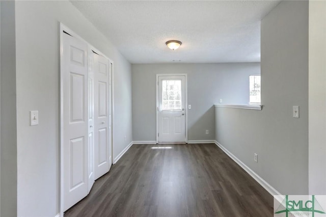 foyer featuring dark wood-style flooring, a textured ceiling, baseboards, and a wealth of natural light