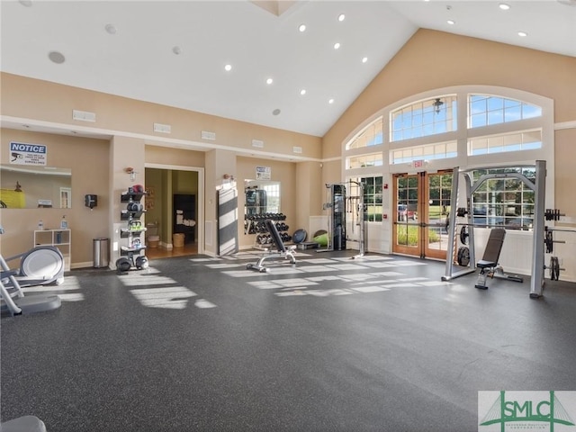 gym with high vaulted ceiling, french doors, visible vents, and recessed lighting
