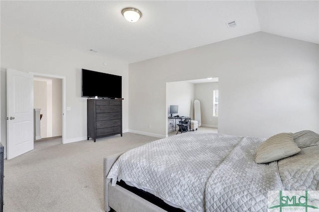 31 Fridley Ln, Hinesville, GA 31313 - bedroom with light carpet, visible vents, baseboards, and vaulted ceiling