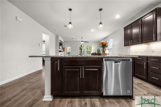 224 Benelli Dr, Pooler, GA 31322 - kitchen featuring light wood-style floors, stainless steel dishwasher, a ceiling fan, and dark brown cabinetry