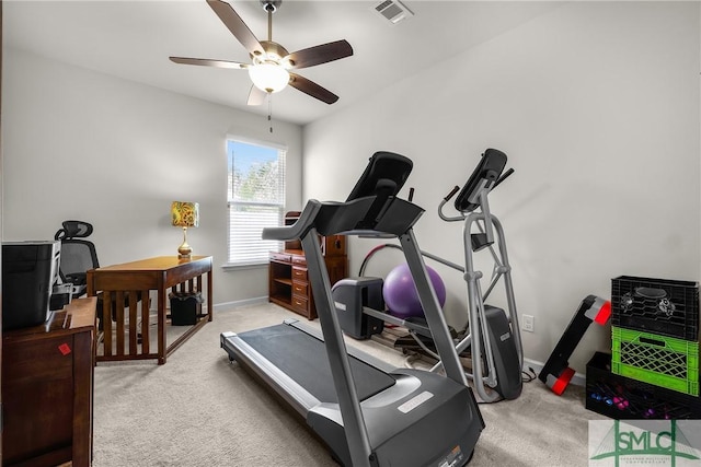 224 Benelli Dr, Pooler, GA 31322 - workout room with ceiling fan, baseboards, visible vents, and carpet floors