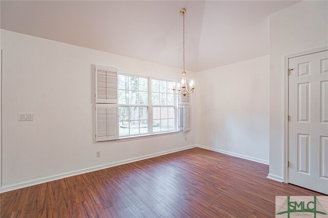 28 Raven Wood Way, Pooler, GA 31322 - empty room featuring baseboards, vaulted ceiling, an inviting chandelier, and wood finished floors