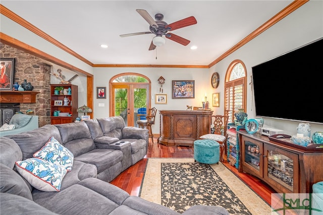 57 Delegal Rd, Savannah, GA 31411 - living area featuring french doors, a ceiling fan, ornamental molding, and wood finished floors