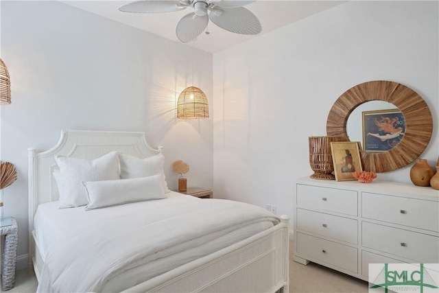 bedroom with light colored carpet and ceiling fan