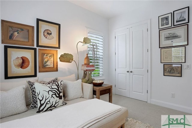 carpeted bedroom with a closet and baseboards