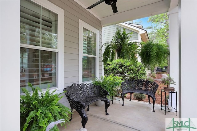 view of patio with a ceiling fan and covered porch