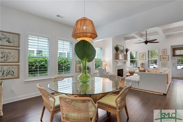dining area featuring coffered ceiling, dark wood-type flooring, baseboards, and visible vents