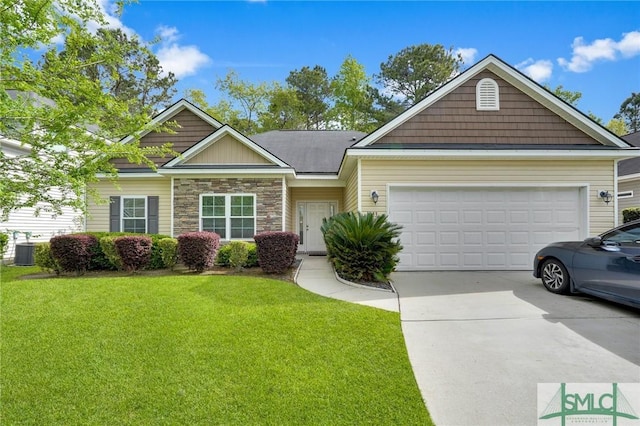 view of front of house featuring concrete driveway, central air condition unit, stone siding, an attached garage, and a front lawn