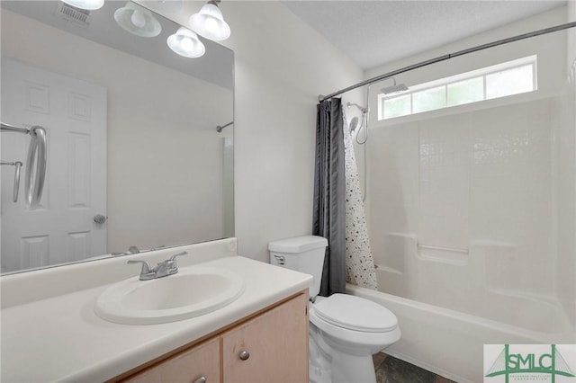 bathroom featuring toilet, visible vents, vanity, and shower / bathtub combination with curtain