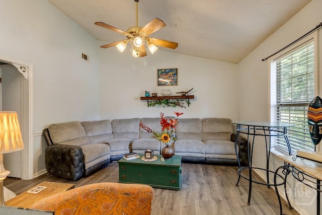 130 N Leeds Gate Rd, Savannah, GA 31406 - living room with vaulted ceiling, wood finished floors, and a ceiling fan