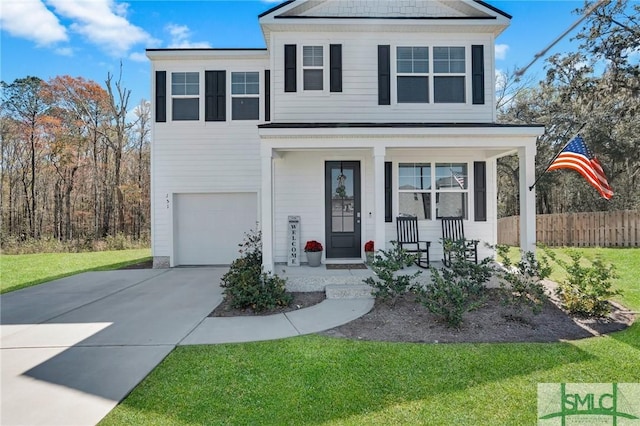 view of front of home with covered porch, fence, a front lawn, an attached garage, and driveway
