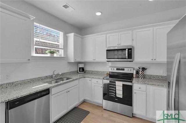 kitchen featuring visible vents, white cabinets, a sink, stainless steel appliances, and light wood-style flooring
