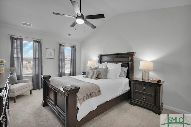 bedroom featuring baseboards, a ceiling fan, visible vents, lofted ceiling, and light colored carpet