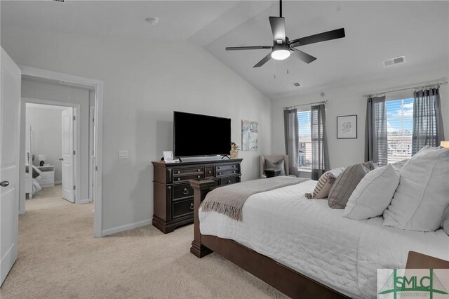 bedroom with ceiling fan, light colored carpet, vaulted ceiling, visible vents, and baseboards