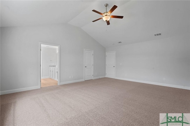 interior space with light colored carpet, ceiling fan, baseboards, and visible vents