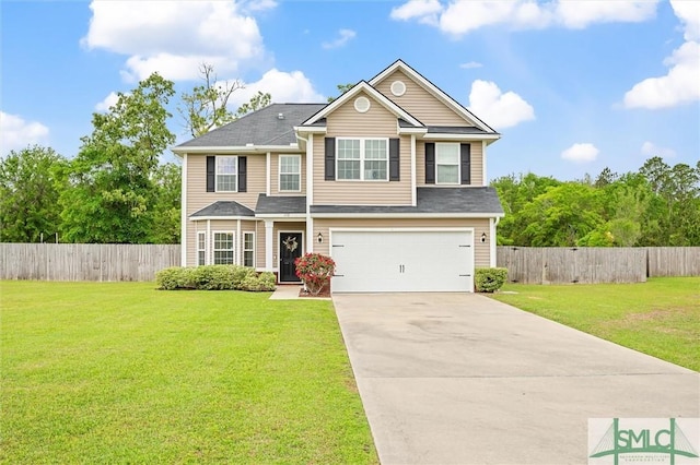 craftsman inspired home with an attached garage, fence, driveway, and a front lawn