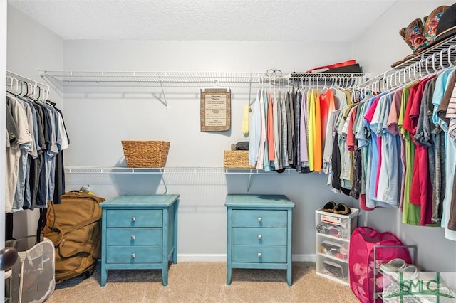 walk in closet featuring carpet flooring