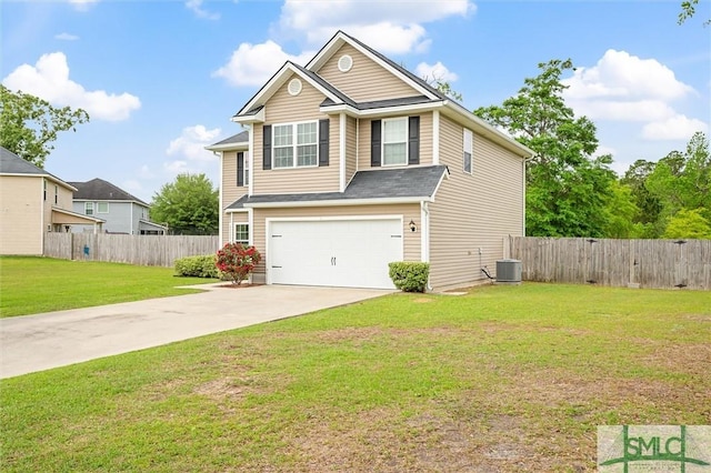view of front facade featuring an attached garage, fence, a front lawn, and concrete driveway