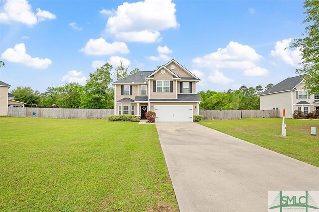 craftsman-style house with an attached garage, driveway, fence, and a front lawn
