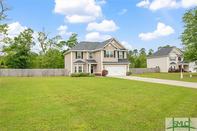view of front facade with concrete driveway, a garage, fence, and a front yard