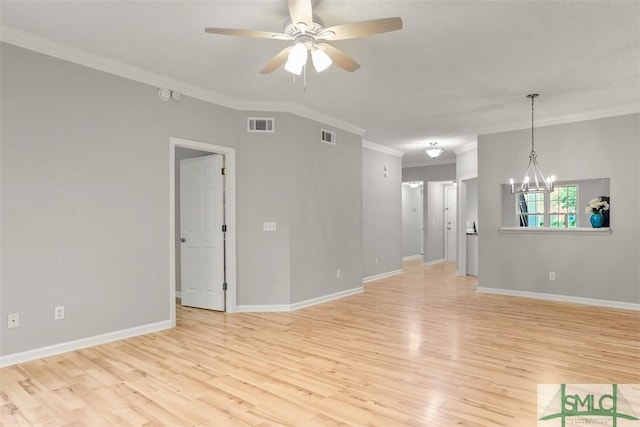 unfurnished living room with ceiling fan with notable chandelier, light wood finished floors, and visible vents
