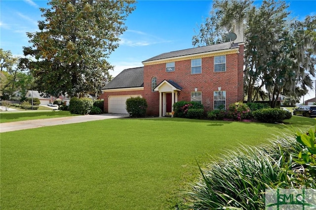 colonial house featuring a front yard, driveway, brick siding, and a garage