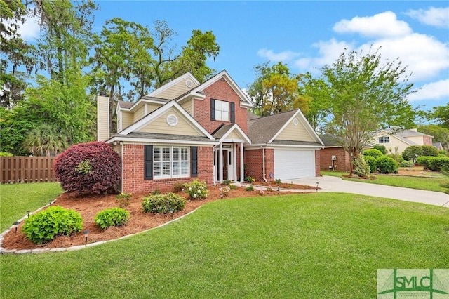 view of front of property featuring a garage, a front yard, brick siding, and concrete driveway