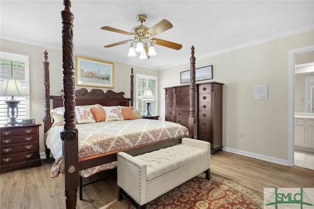 bedroom with light wood-style flooring, ceiling fan, baseboards, and ornamental molding