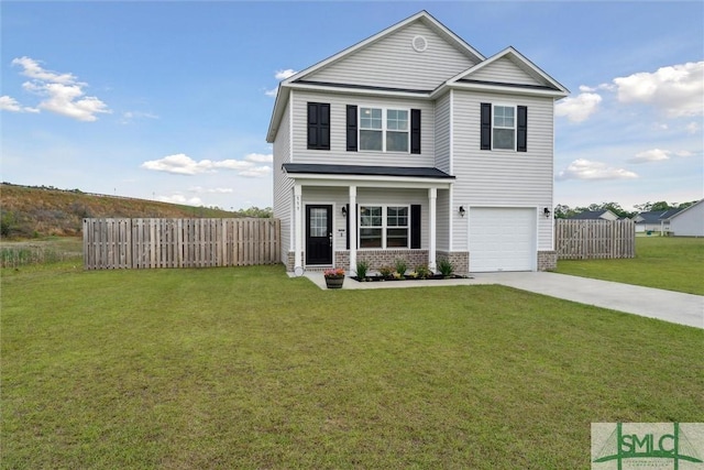 view of front of house featuring fence, a front lawn, brick siding, an attached garage, and concrete driveway