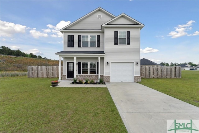 view of front of house with concrete driveway, fence, a front lawn, and brick siding