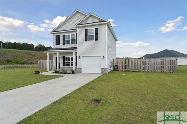 traditional-style home featuring a porch, fence, a front lawn, an attached garage, and concrete driveway