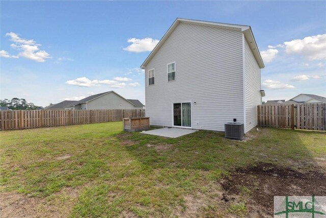 back of property featuring a fenced backyard, central AC unit, a patio area, and a lawn