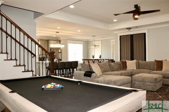 rec room featuring crown molding, recessed lighting, pool table, and a raised ceiling