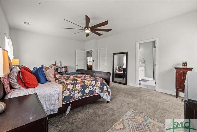40 Saddlebrush Rd, Ellabell, GA 31308 - bedroom featuring visible vents, baseboards, ensuite bathroom, a ceiling fan, and carpet