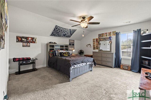 40 Saddlebrush Rd, Ellabell, GA 31308 - bedroom with visible vents, ceiling fan, vaulted ceiling, and carpet floors