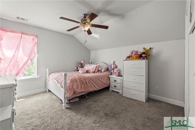 40 Saddlebrush Rd, Ellabell, GA 31308 - bedroom with carpet flooring, visible vents, vaulted ceiling, and ceiling fan