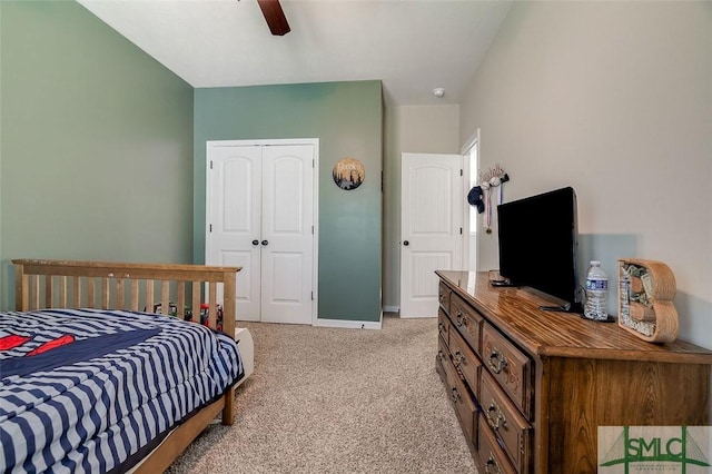 106 Cedar Ridge Dr, Guyton, GA 31312 - bedroom with light colored carpet, a closet, baseboards, and ceiling fan
