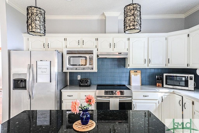 kitchen with under cabinet range hood, white cabinetry, and stainless steel appliances