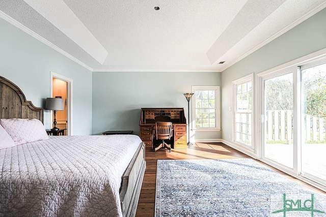 bedroom with crown molding, access to exterior, a textured ceiling, and dark wood-style floors